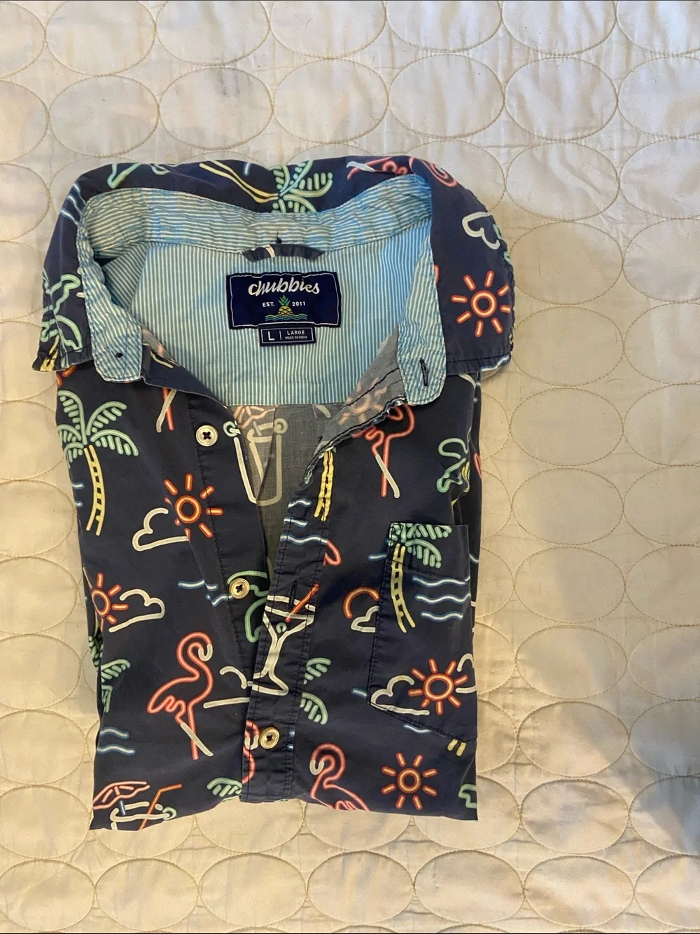chubbies Navy Short-Sleeve Button-Down with Neon Palm & Flamingo Print